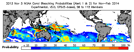 Current Bleaching Heat Stress Outlook Probability - Alert Levels 1 and 2