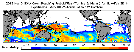 Current Bleaching Heat Stress Outlook Probability - Warning and higher