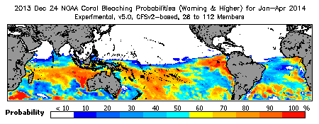 Current Bleaching Heat Stress Outlook Probability - Warning and higher