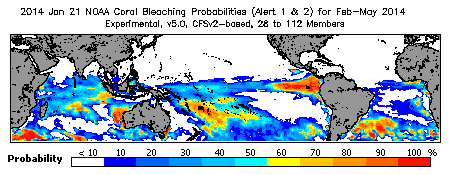 Current Bleaching Heat Stress Outlook Probability - Alert Levels 1 and 2