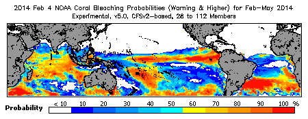 Current Bleaching Heat Stress Outlook Probability - Warning and higher