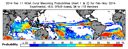 Current Bleaching Heat Stress Outlook Probability - Alert Levels 1 and 2