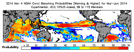 Current Bleaching Heat Stress Outlook Probability - Warning and higher