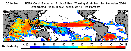 Current Bleaching Heat Stress Outlook Probability - Warning and higher