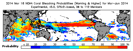 Current Bleaching Heat Stress Outlook Probability - Warning and higher