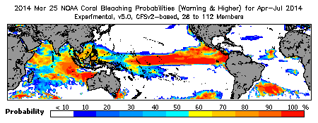 Current Bleaching Heat Stress Outlook Probability - Warning and higher