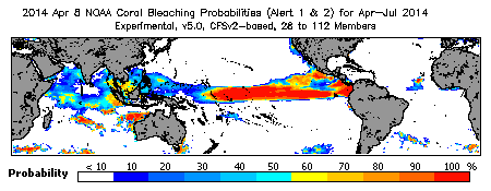 Current Bleaching Heat Stress Outlook Probability - Alert Levels 1 and 2