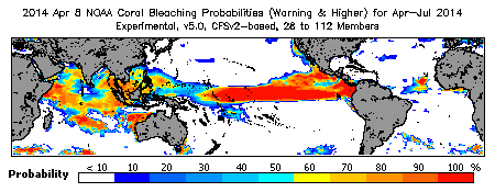 Current Bleaching Heat Stress Outlook Probability - Warning and higher