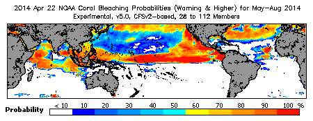 Current Bleaching Heat Stress Outlook Probability - Warning and higher