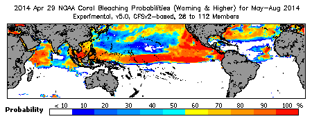 Current Bleaching Heat Stress Outlook Probability - Warning and higher