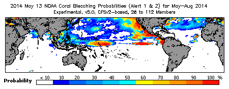 Current Bleaching Heat Stress Outlook Probability - Alert Levels 1 and 2