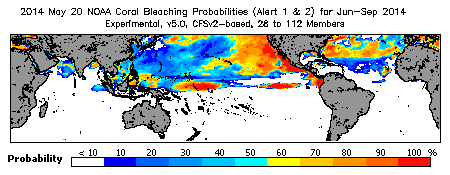 Current Bleaching Heat Stress Outlook Probability - Alert Levels 1 and 2