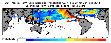 Current Bleaching Heat Stress Outlook Probability - Alert Levels 1 and 2