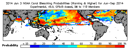 Current Bleaching Heat Stress Outlook Probability - Warning and higher