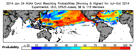 Current Bleaching Heat Stress Outlook Probability - Warning and higher