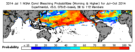 Current Bleaching Heat Stress Outlook Probability - Warning and higher