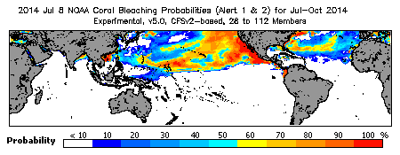 Current Bleaching Heat Stress Outlook Probability - Alert Levels 1 and 2