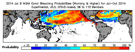 Current Bleaching Heat Stress Outlook Probability - Warning and higher