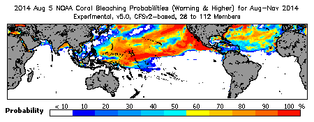 Current Bleaching Heat Stress Outlook Probability - Warning and higher