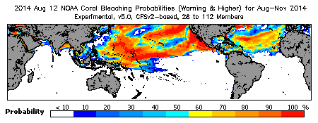 Current Bleaching Heat Stress Outlook Probability - Warning and higher