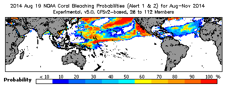 Current Bleaching Heat Stress Outlook Probability - Alert Levels 1 and 2