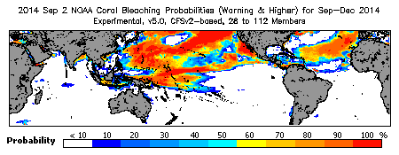 Current Bleaching Heat Stress Outlook Probability - Warning and higher