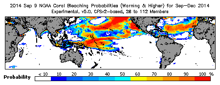 Current Bleaching Heat Stress Outlook Probability - Warning and higher