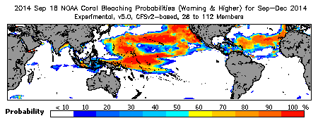 Current Bleaching Heat Stress Outlook Probability - Warning and higher