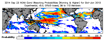 Current Bleaching Heat Stress Outlook Probability - Warning and higher