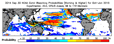 Current Bleaching Heat Stress Outlook Probability - Warning and higher