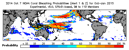 Current Bleaching Heat Stress Outlook Probability - Alert Levels 1 and 2