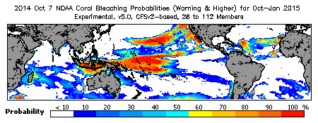 Current Bleaching Heat Stress Outlook Probability - Warning and higher