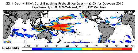 Current Bleaching Heat Stress Outlook Probability - Alert Levels 1 and 2