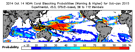 Current Bleaching Heat Stress Outlook Probability - Warning and higher