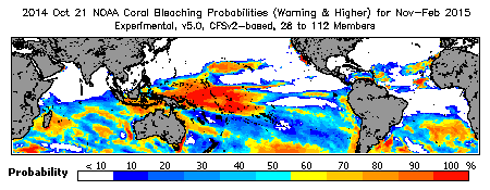 Current Bleaching Heat Stress Outlook Probability - Warning and higher