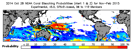 Current Bleaching Heat Stress Outlook Probability - Alert Levels 1 and 2