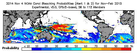 Current Bleaching Heat Stress Outlook Probability - Alert Levels 1 and 2