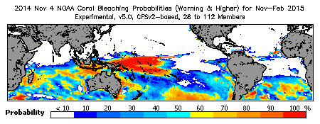 Current Bleaching Heat Stress Outlook Probability - Warning and higher