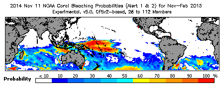 Current Bleaching Heat Stress Outlook Probability - Alert Levels 1 and 2