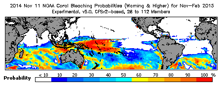 Current Bleaching Heat Stress Outlook Probability - Warning and higher