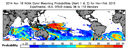 Current Bleaching Heat Stress Outlook Probability - Alert Levels 1 and 2