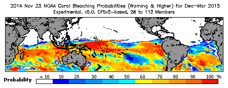 Current Bleaching Heat Stress Outlook Probability - Warning and higher