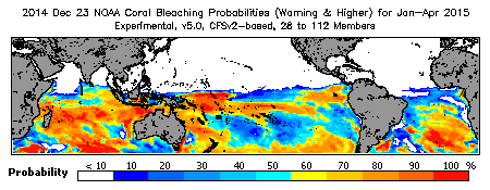 Current Bleaching Heat Stress Outlook Probability - Warning and higher