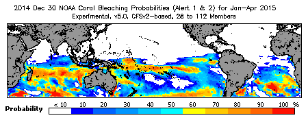 Current Bleaching Heat Stress Outlook Probability - Alert Levels 1 and 2