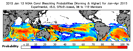 Current Bleaching Heat Stress Outlook Probability - Warning and higher