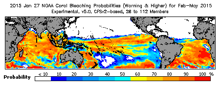 Current Bleaching Heat Stress Outlook Probability - Warning and higher