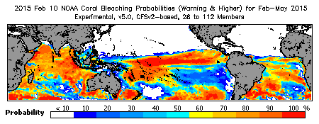 Current Bleaching Heat Stress Outlook Probability - Warning and higher