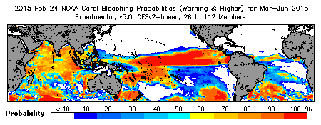 Current Bleaching Heat Stress Outlook Probability - Warning and higher