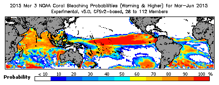 Current Bleaching Heat Stress Outlook Probability - Warning and higher