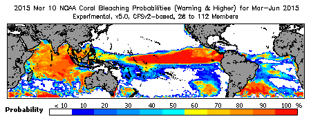 Current Bleaching Heat Stress Outlook Probability - Warning and higher